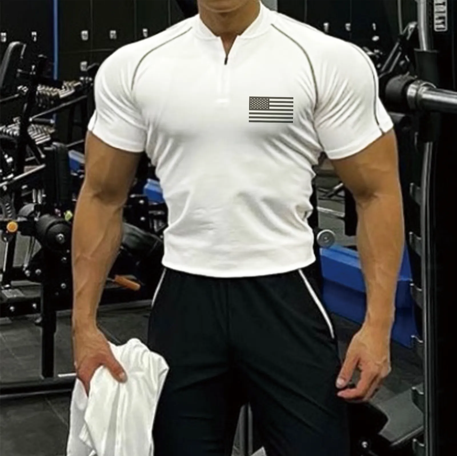 USA FLAG 1/4 ZIPPER MONK COLLAR RAGLAN ACTIVE QUICK-DRY POLO SHIRT
