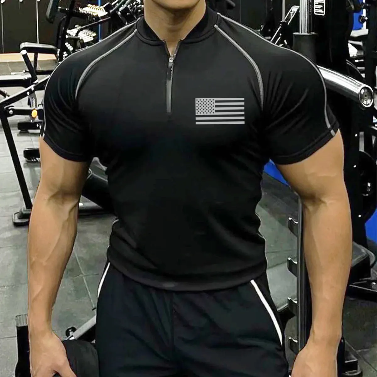 USA FLAG 1/4 ZIPPER MONK COLLAR RAGLAN ACTIVE QUICK-DRY POLO SHIRT