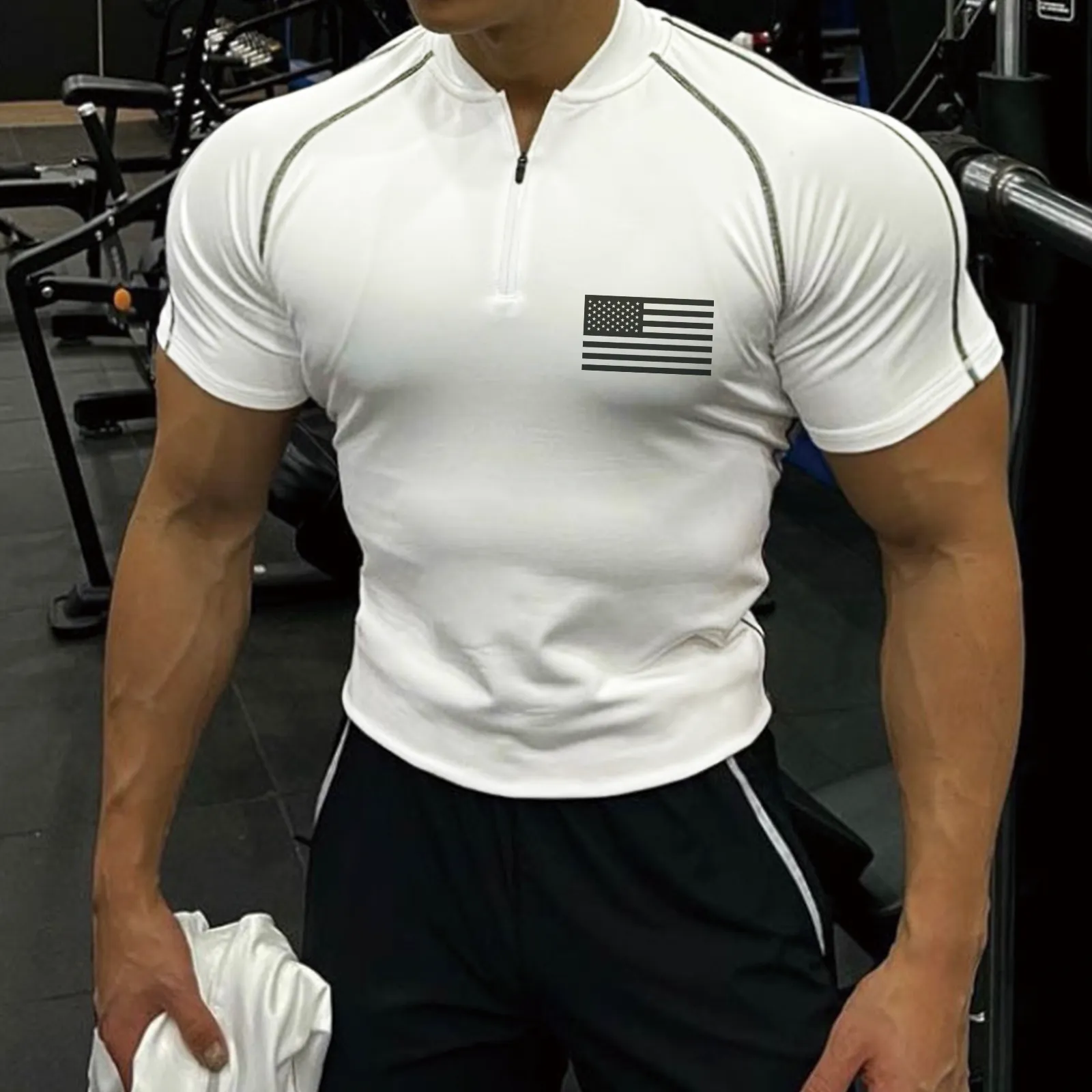 USA FLAG 1/4 ZIPPER MONK COLLAR RAGLAN ACTIVE QUICK-DRY POLO SHIRT
