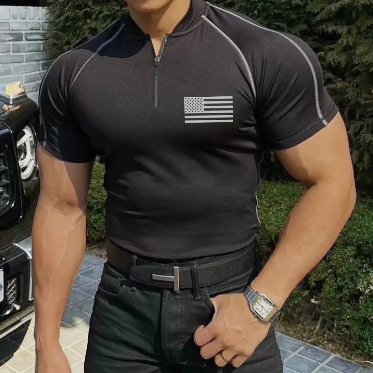 USA FLAG 1/4 ZIPPER MONK COLLAR RAGLAN ACTIVE QUICK-DRY POLO SHIRT