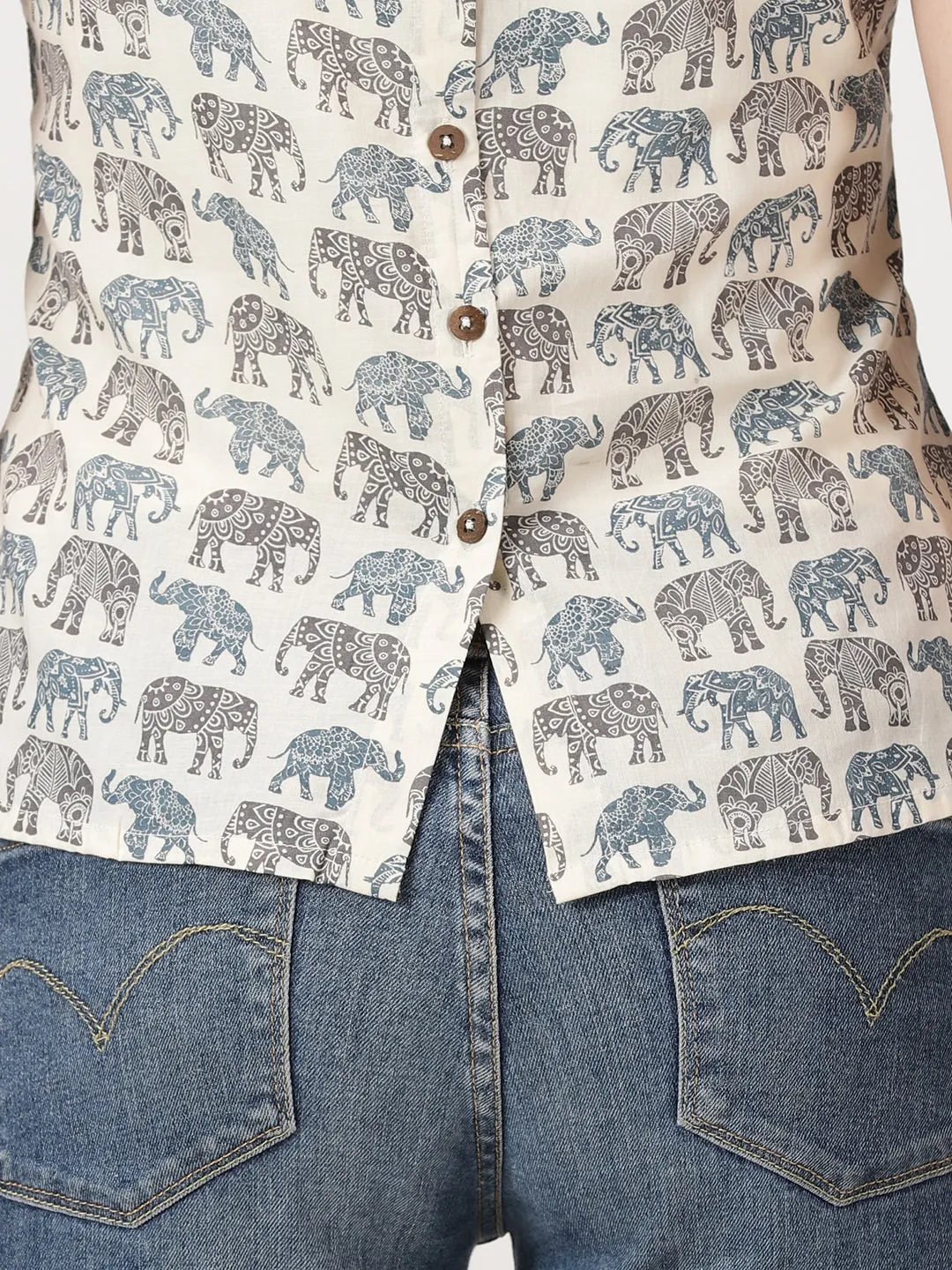 White Sanganeri Elephant  Print Cotton Tank Top
