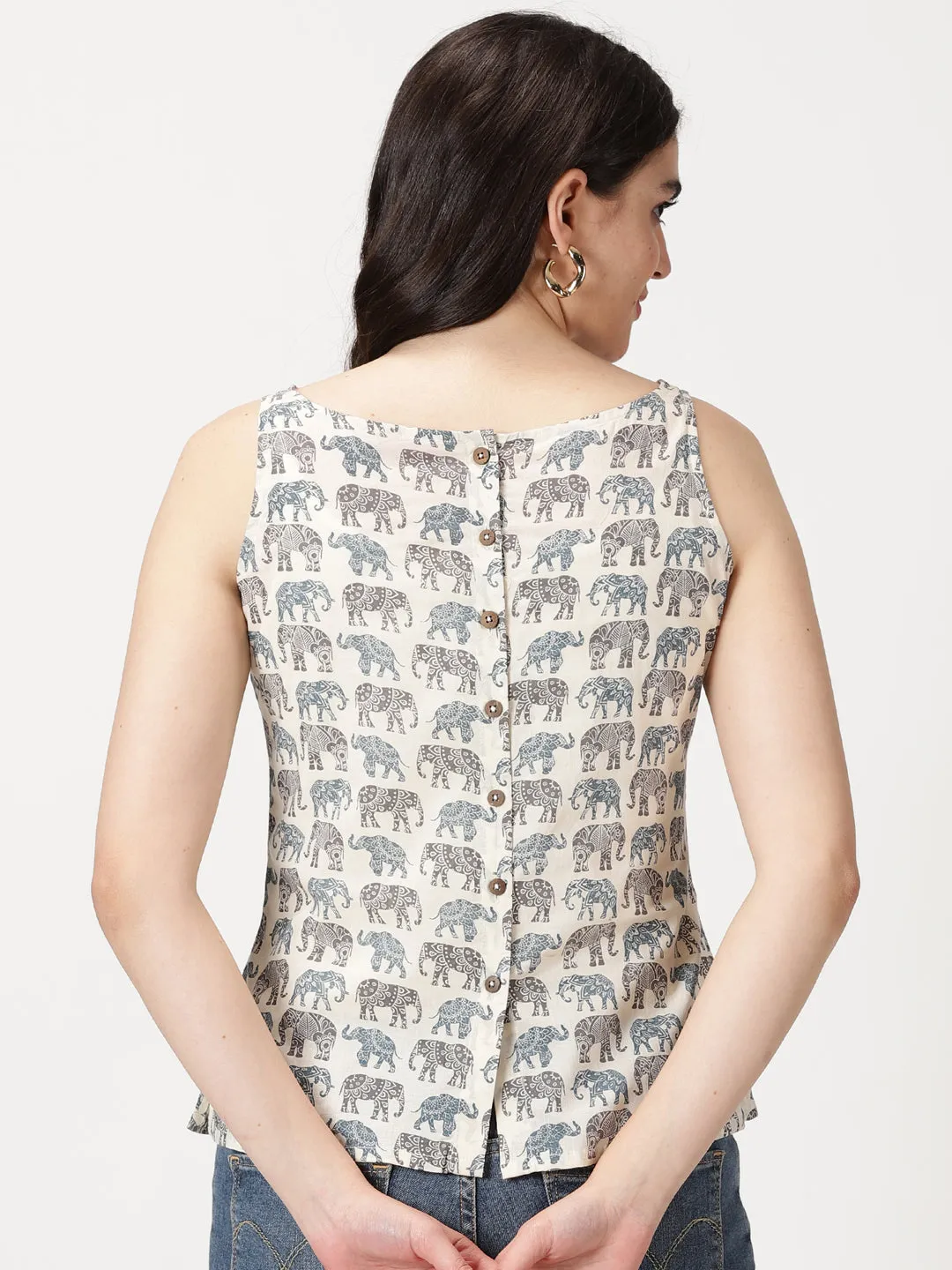 White Sanganeri Elephant  Print Cotton Tank Top
