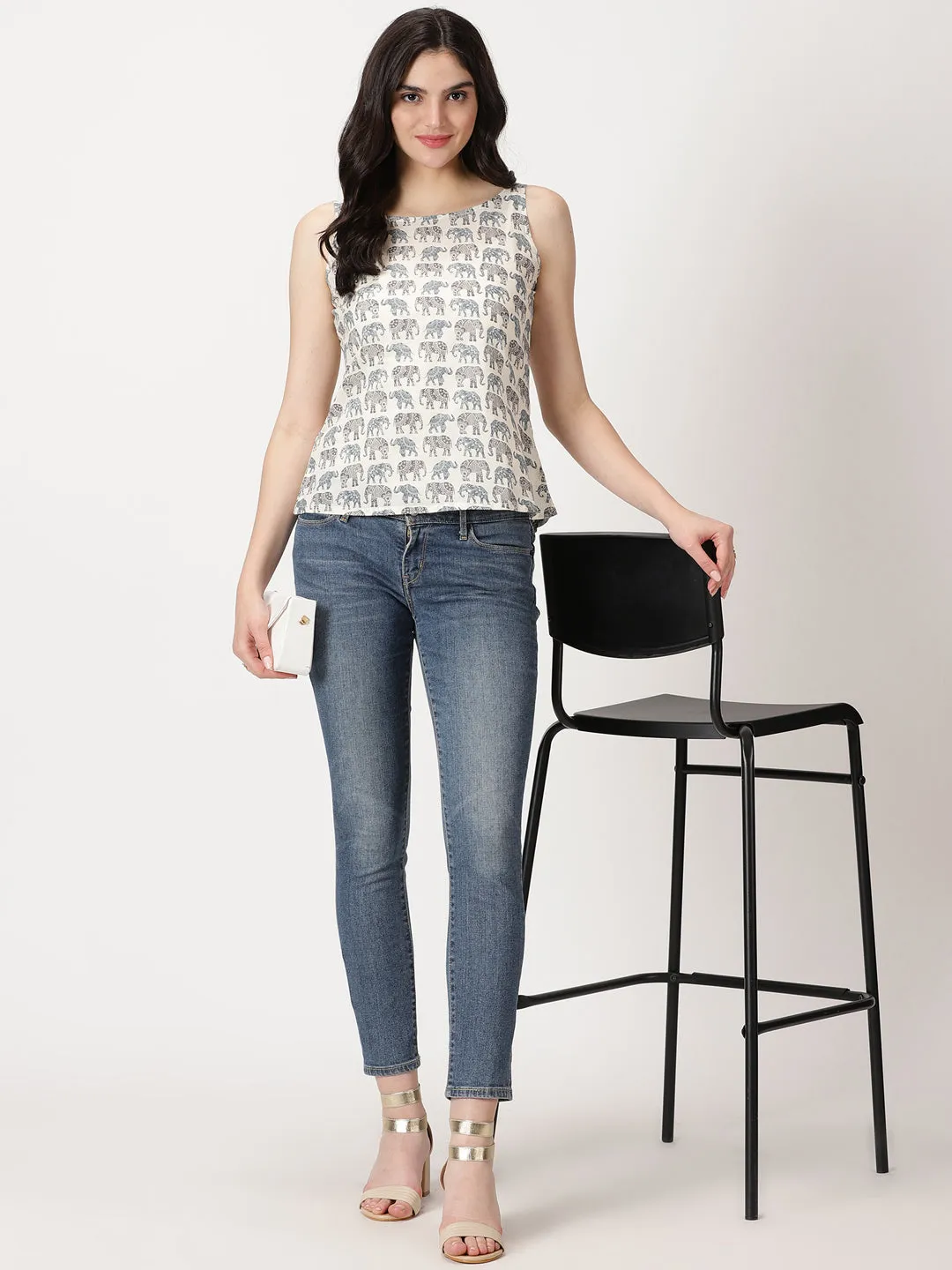 White Sanganeri Elephant  Print Cotton Tank Top