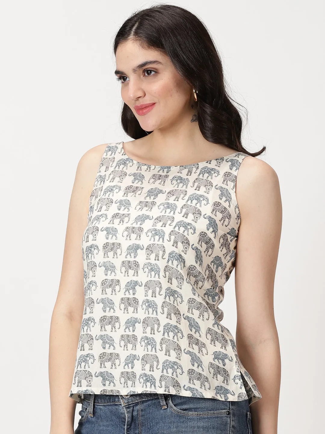 White Sanganeri Elephant  Print Cotton Tank Top