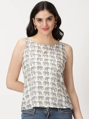 White Sanganeri Elephant  Print Cotton Tank Top