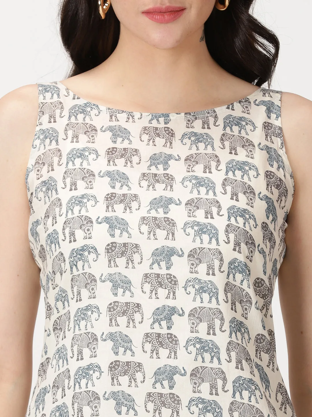 White Sanganeri Elephant  Print Cotton Tank Top