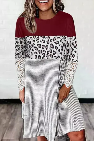 Wine Red Striped Leopard Patchwork Lace T Shirt Dress