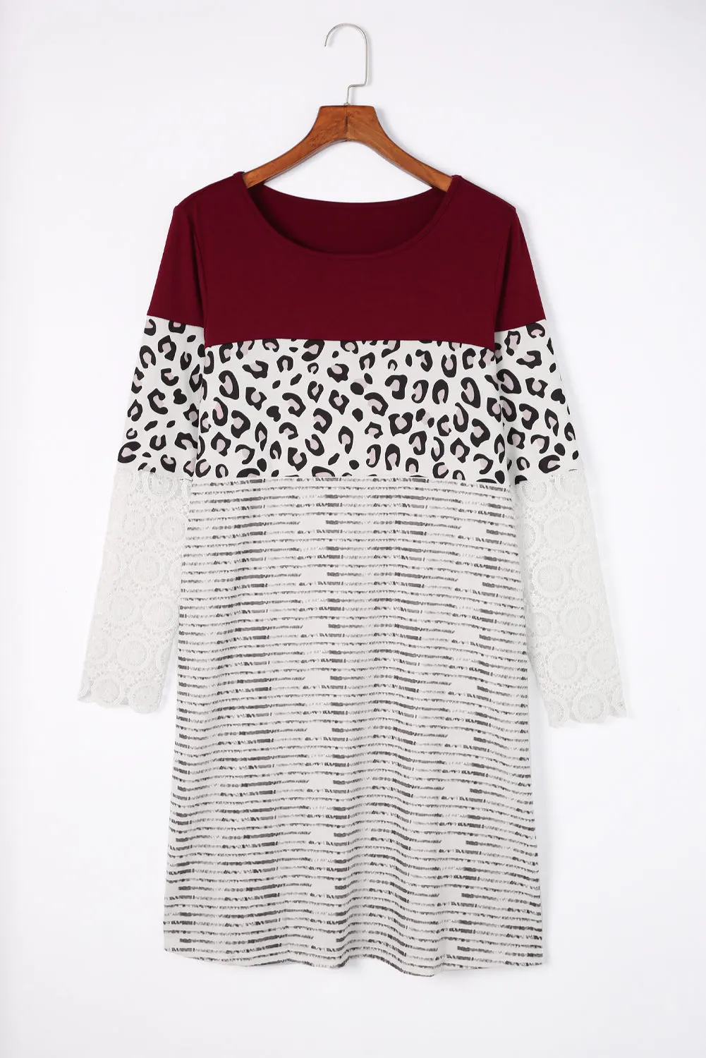Wine Red Striped Leopard Patchwork Lace T Shirt Dress