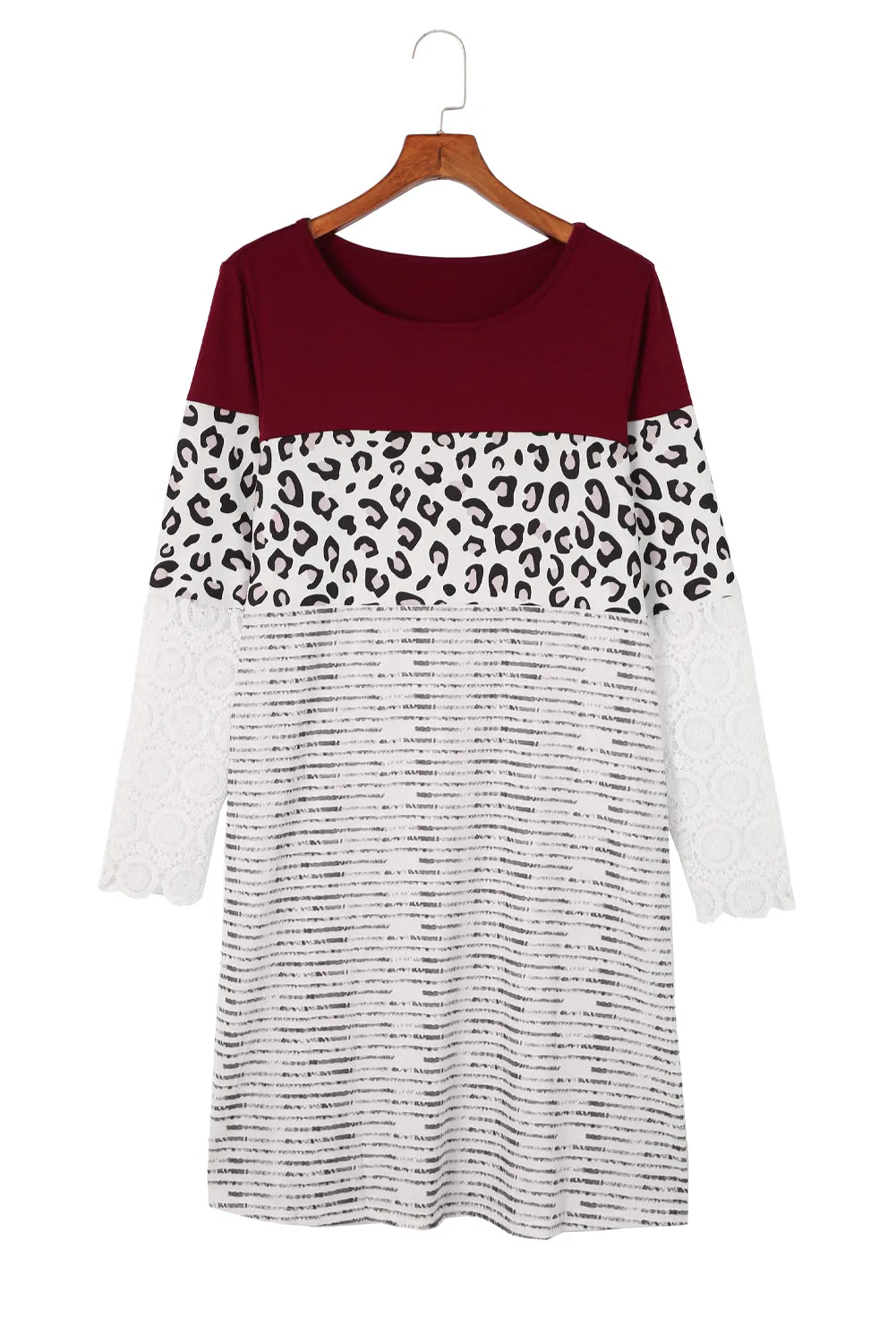 Wine Red Striped Leopard Patchwork Lace T Shirt Dress