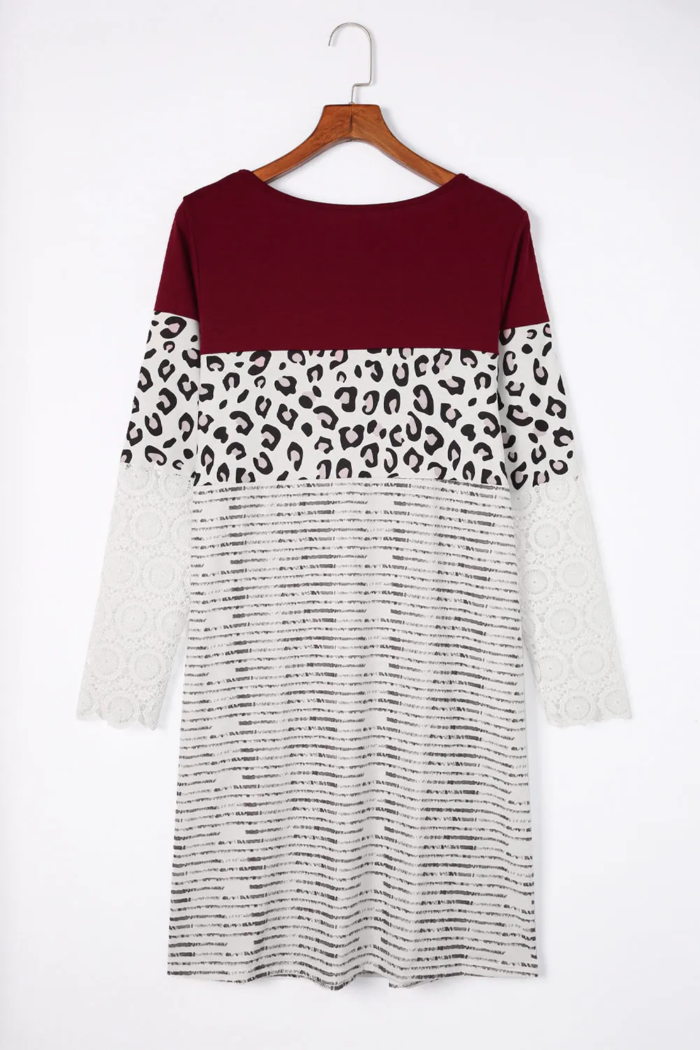 Wine Red Striped Leopard Patchwork Lace T Shirt Dress