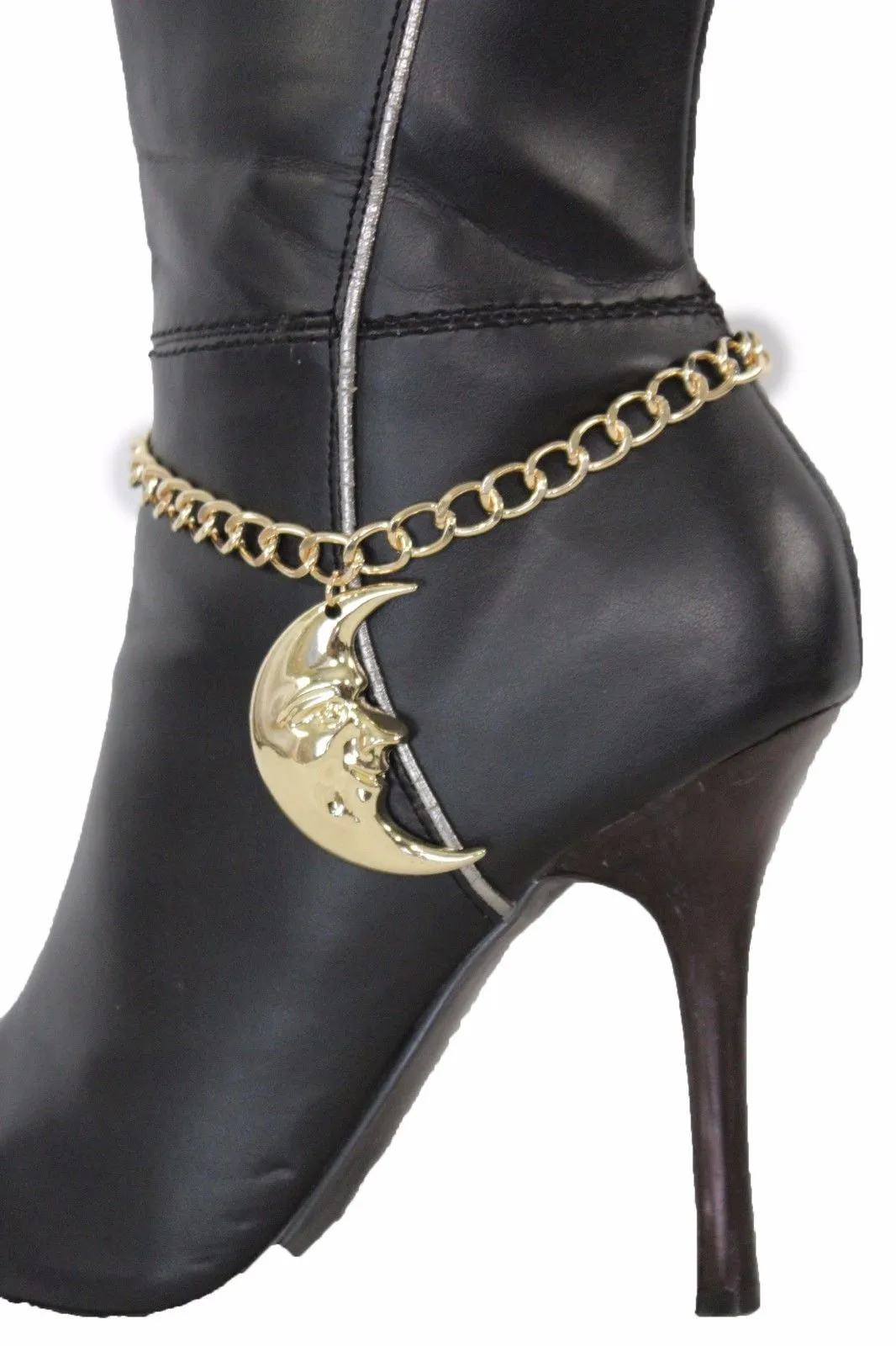 Women Gold Metal Boot Chain Bracelet Anklet Shoe Big Shinny Moon Charm Hot Fashion