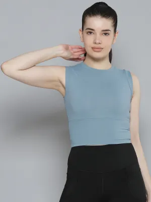 Women's Blue Solid Slim Fit Quick Dry Training Crop T-shirt