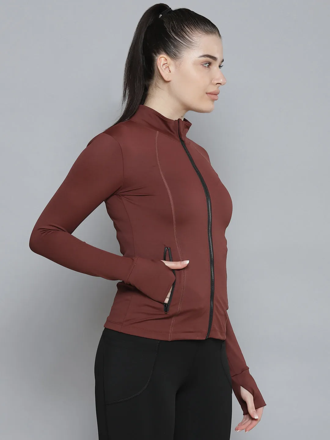 Women's Brown Solid Quick Dry Active Fitted Sporty Jacket