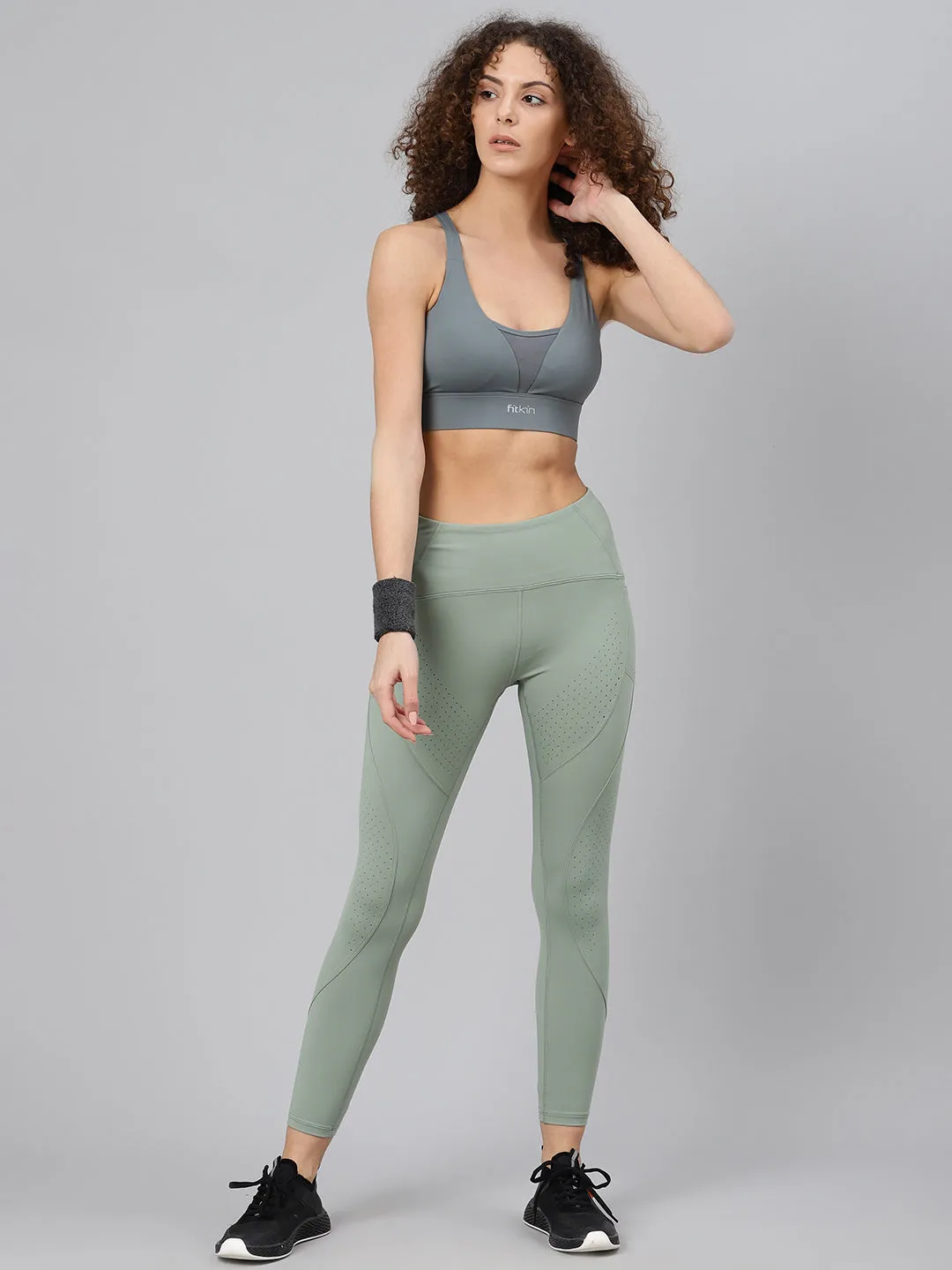 Women's Green Self Design Quick Dry Cropped Training Tights