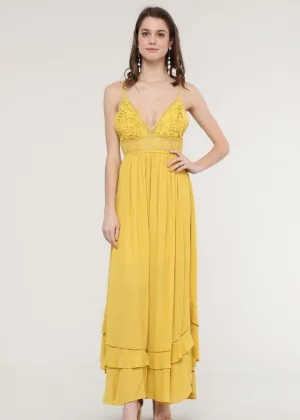 Yellow Lace Trim Back-Tied Maxi Dress